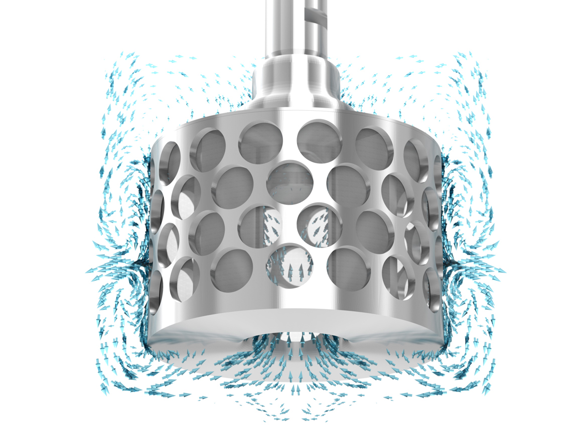 3D rendering of a SpinChem Rotating Bed Reactor (RBR) unit showing detailed fluid dynamics. A cylindrical perforated housing with multiple circular holes generates symmetrical flow patterns, visualized by light blue arrows radiating outward. The flow visualization demonstrates the efficient mass transfer achieved through the RBR's unique design, with fluid being drawn through the perforated walls and expelled radially