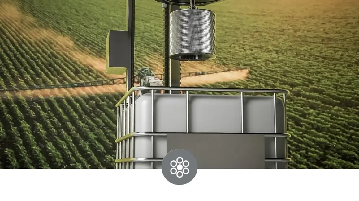 A rotating bed reactor technology with an icon of plant symbol inside a circle, representing pesticide removal through advanced adsorption and biocatalysis technologies for cleaner water and safer food.