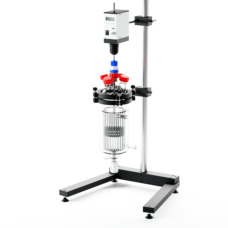 SpinChem bench-scale glass rotating bed reactor system with overhead drive, jacketed vessel, and stand-mounted support for laboratory process development.