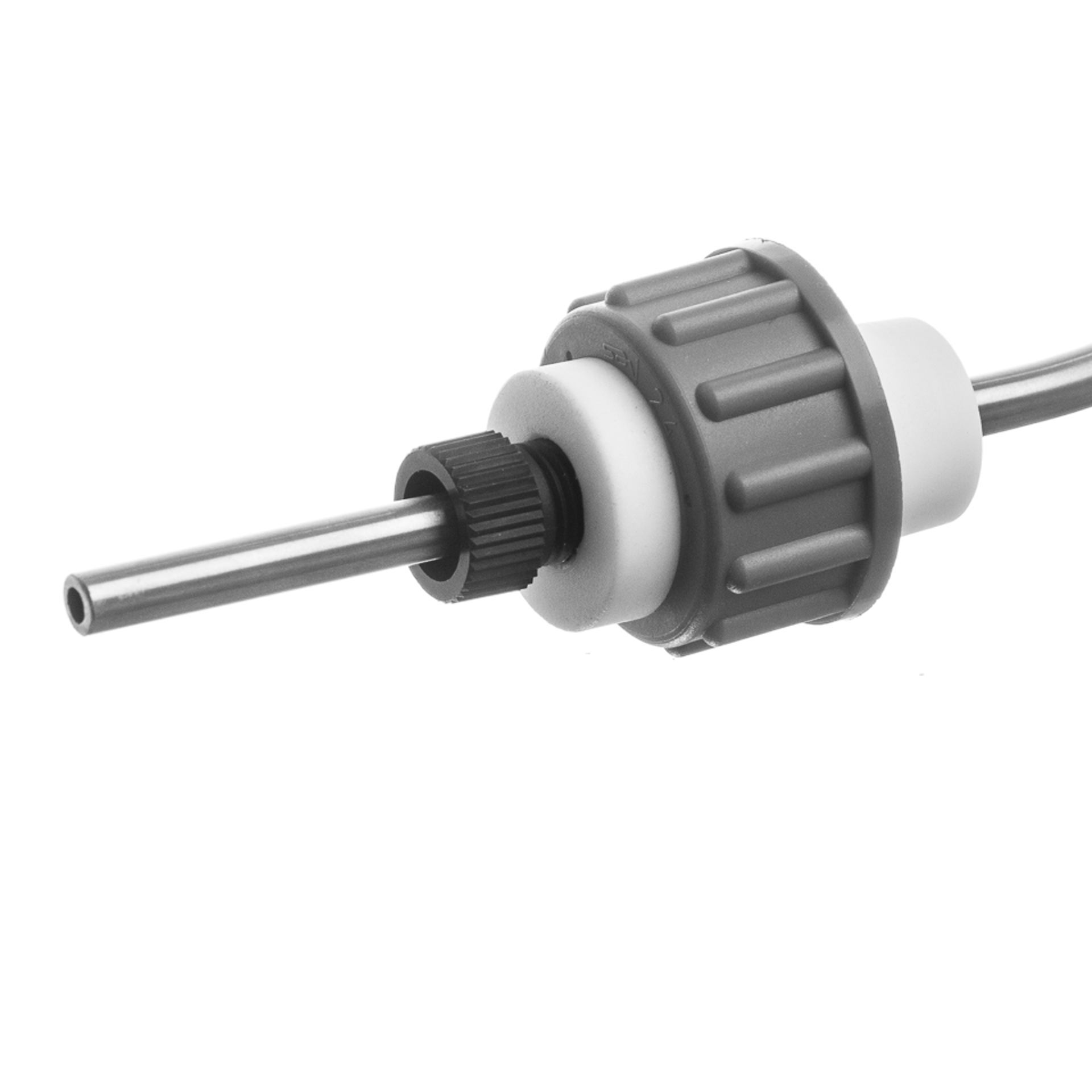 Close-up view of a SpinChem high temperature connector featuring a stainless steel shaft with white PTFE sealing rings and a gray PFA screw cap, designed for secure connections in elevated temperature applications.