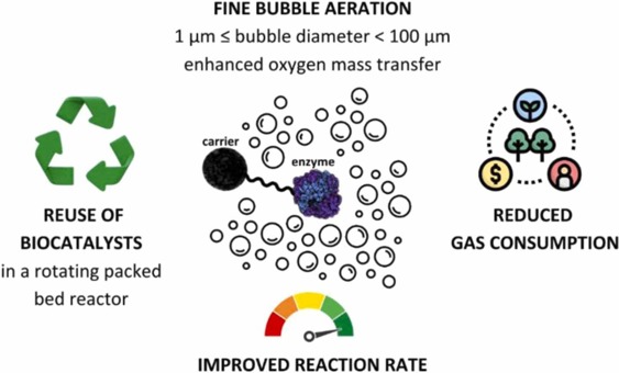 Infographic showing four benefits of fine bubble aeration: reuse of biocatalysts in a rotating bed reactor (recycling symbol), enhanced oxygen mass transfer with bubbles around carrier and enzyme (center), reduced gas consumption (plant, dollar, and person icons), and improved reaction rate (speedometer gauge
