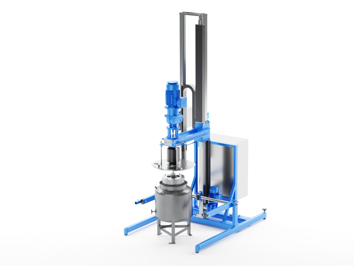 pinChem industrial bioreactor system with blue frame structure, featuring a vertical lift mechanism, motor, and stainless steel reaction vessel designed for rotating bed reactor technology.