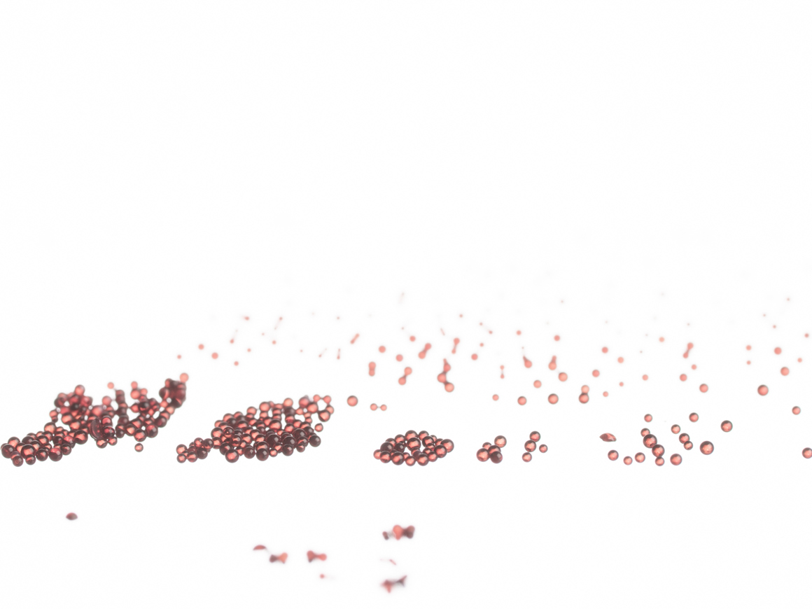 Time-lapse photograph showing the dynamic dispersion of red spherical catalyst beads against a white background. The beads transition from a dense cluster on the left to increasingly scattered individual particles moving towards the right, demonstrating the gradual separation and distribution pattern of SpinChem's media during operation.