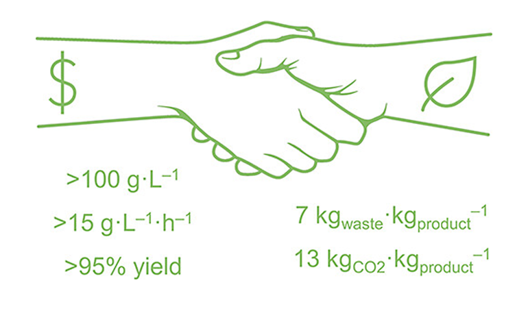 A simple green line drawing showing a handshake between two hands, with a dollar sign on the left and a leaf symbol on the right. Below the handshake are process metrics including concentration (>100 g/L), productivity (>15 g/L/h), yield (>95%), waste factor (7 kg waste per kg product), and CO2 emissions (13 kg CO2 per kg product).