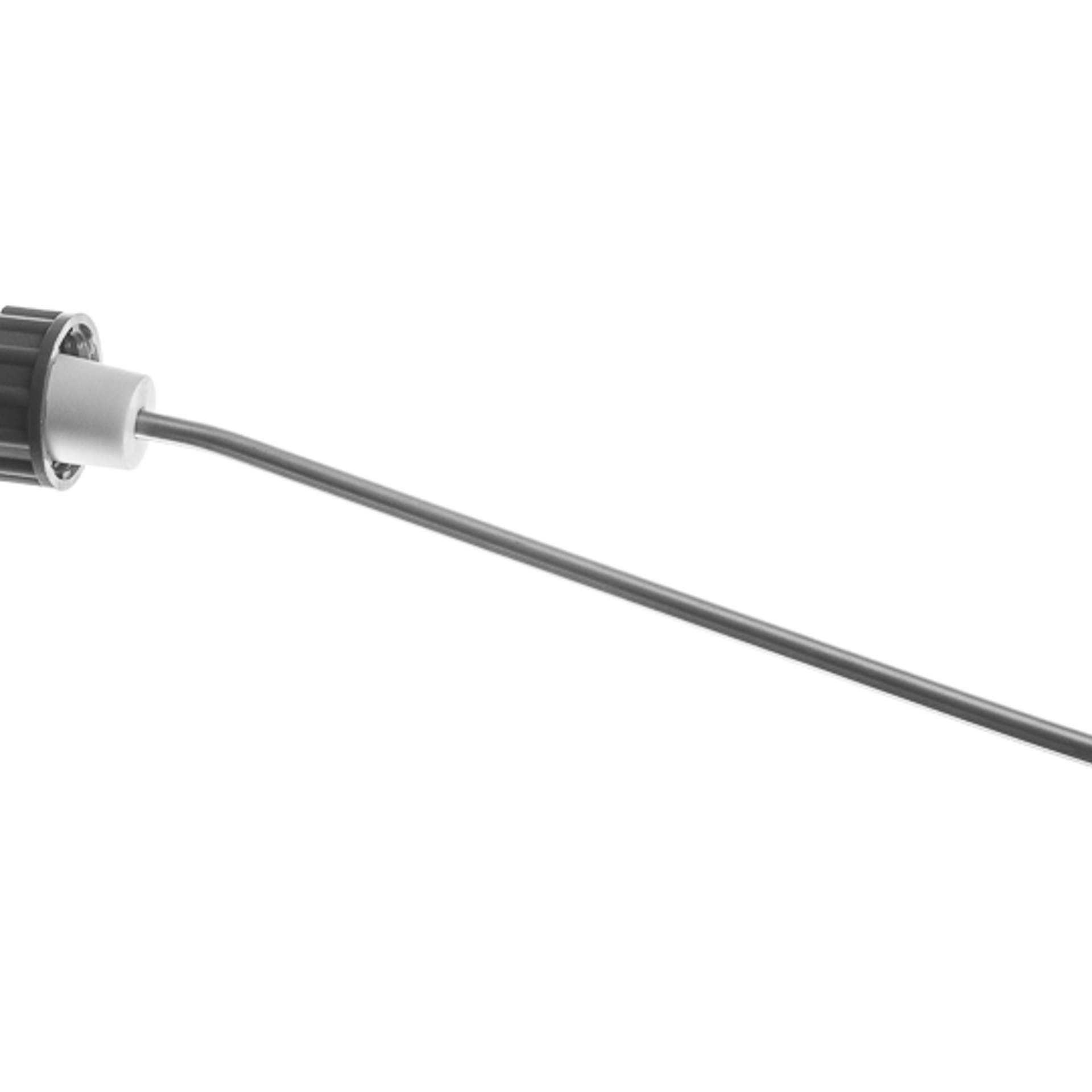Close-up view of a SpinChem high temperature connector featuring a black screw cap and white connector housing attached to a long gray tube extending horizontally against a white background.