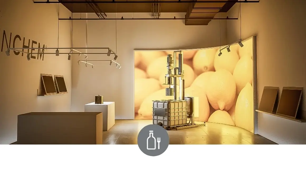 Animated concept of rotating bed reactor technology used in food and beverage industry with fork and knife symbol inside a circle, representing the role of biocatalysis and adsorption in food processing, purification, and ingredient refinement.