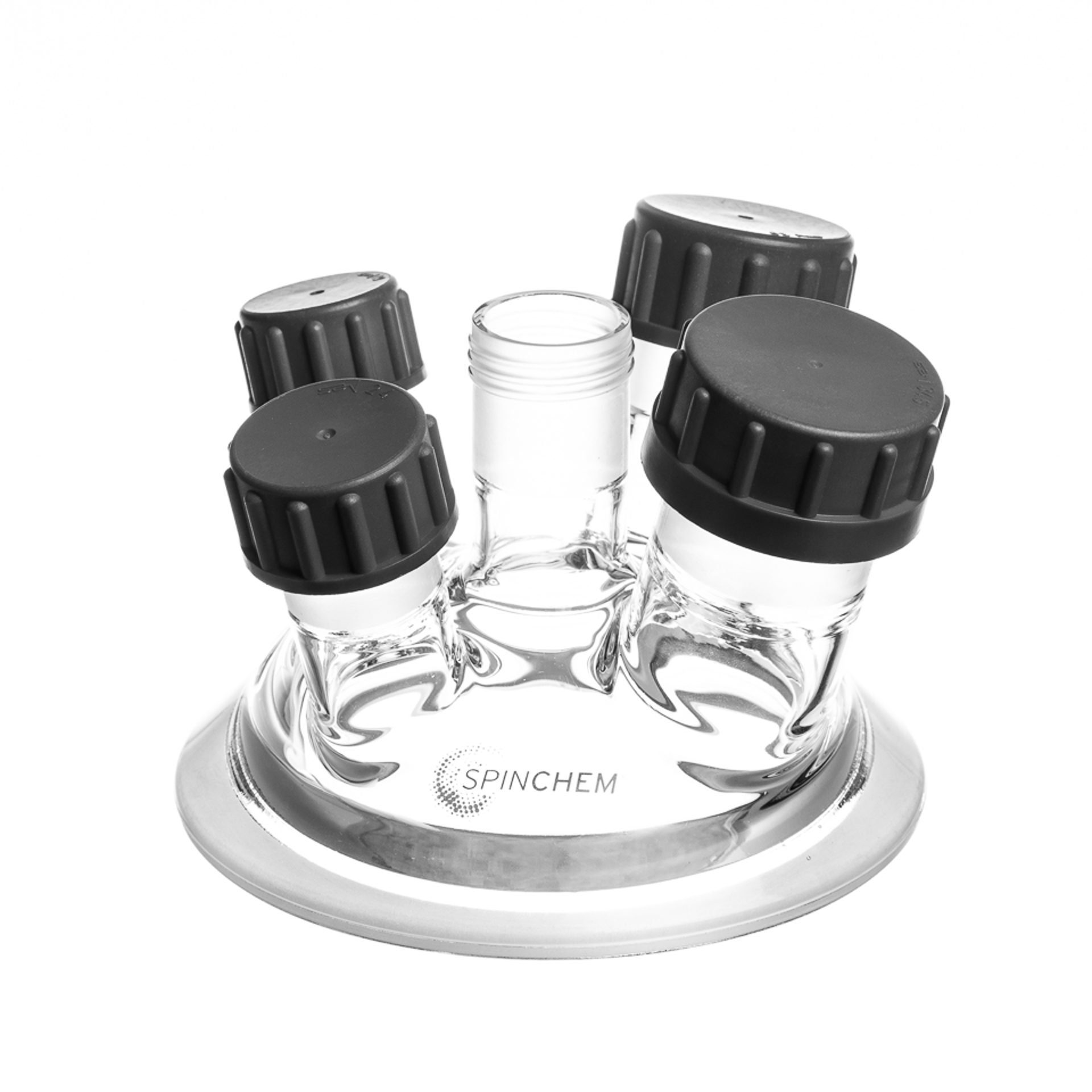 Glass vessel lid with four integrated glass ports featuring black screw caps, arranged symmetrically on a circular stainless steel base with the SpinChem logo