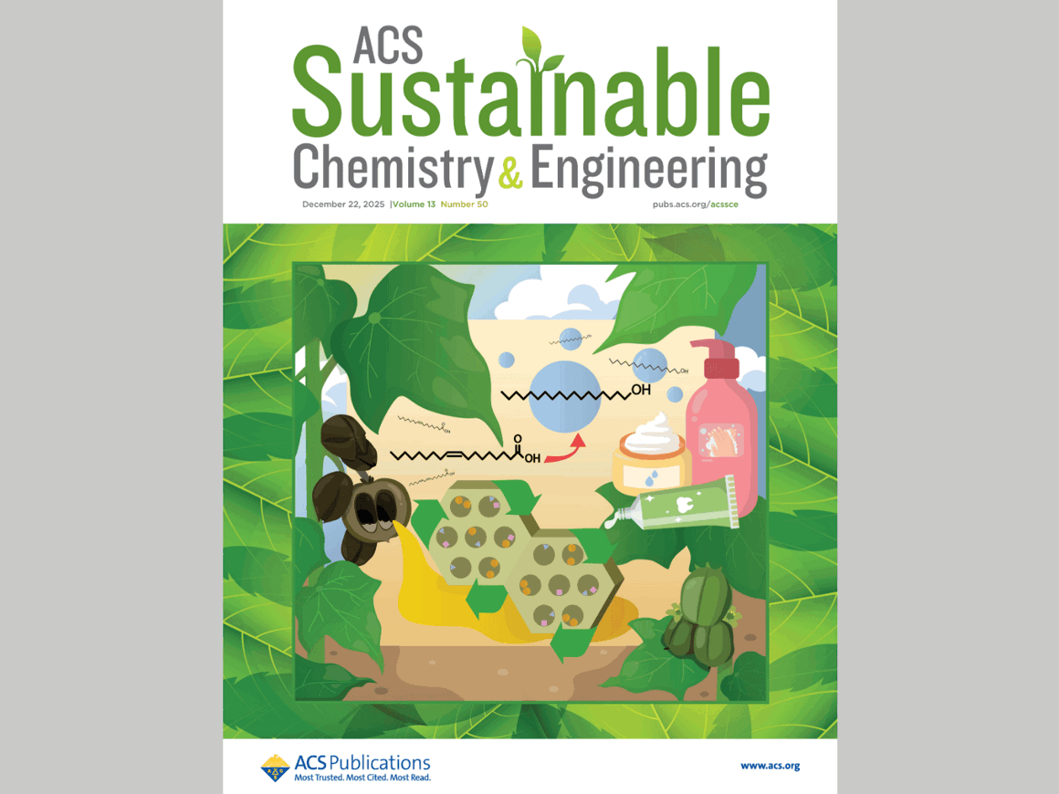 Cover of ACS Sustainable Chemistry & Engineering journal with illustrated sustainable chemistry theme featuring plants, molecules, and consumer products.
