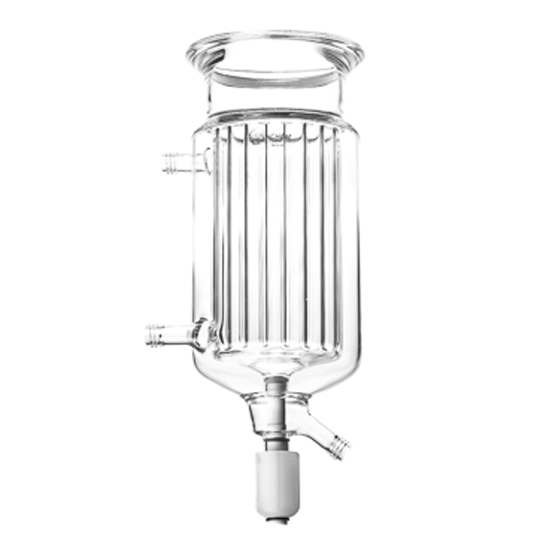 Jacketed glass laboratory reactor vessel with internal baffles and process ports for controlled mixing, heating, and reaction development.