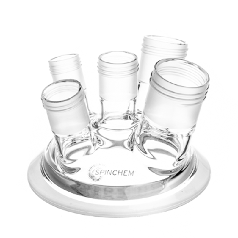 SpinChem multi-port glass reactor lid with five angled connection ports for flexible laboratory reactor assembly, dosing, sampling, and instrumentation.