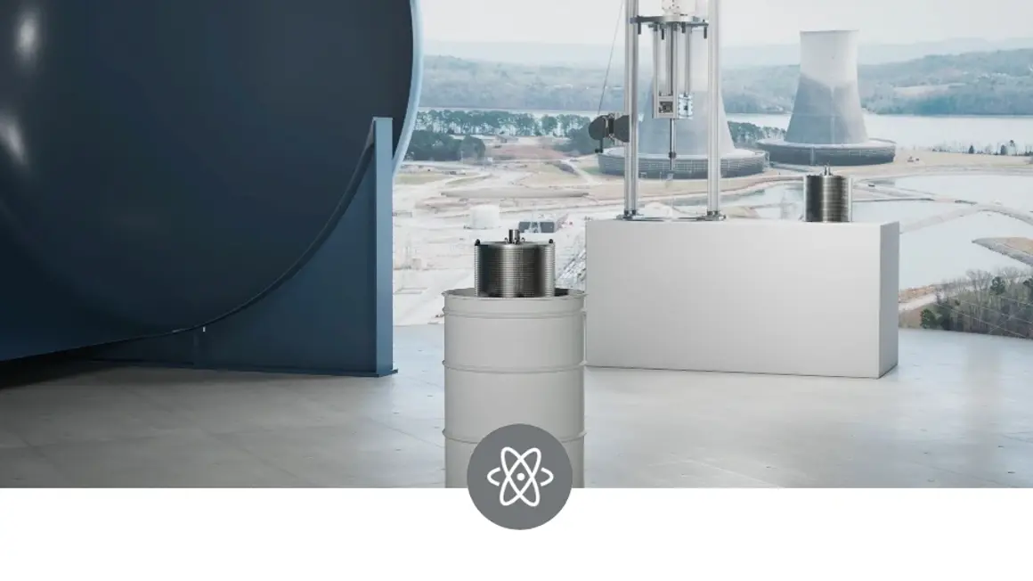 Animated concept of rotating bed reactor used for nuclear remediation, with an icon visualizing an atom in a circle , representing the application of adsorption technology for radioactive waste treatment and nuclear decontamination