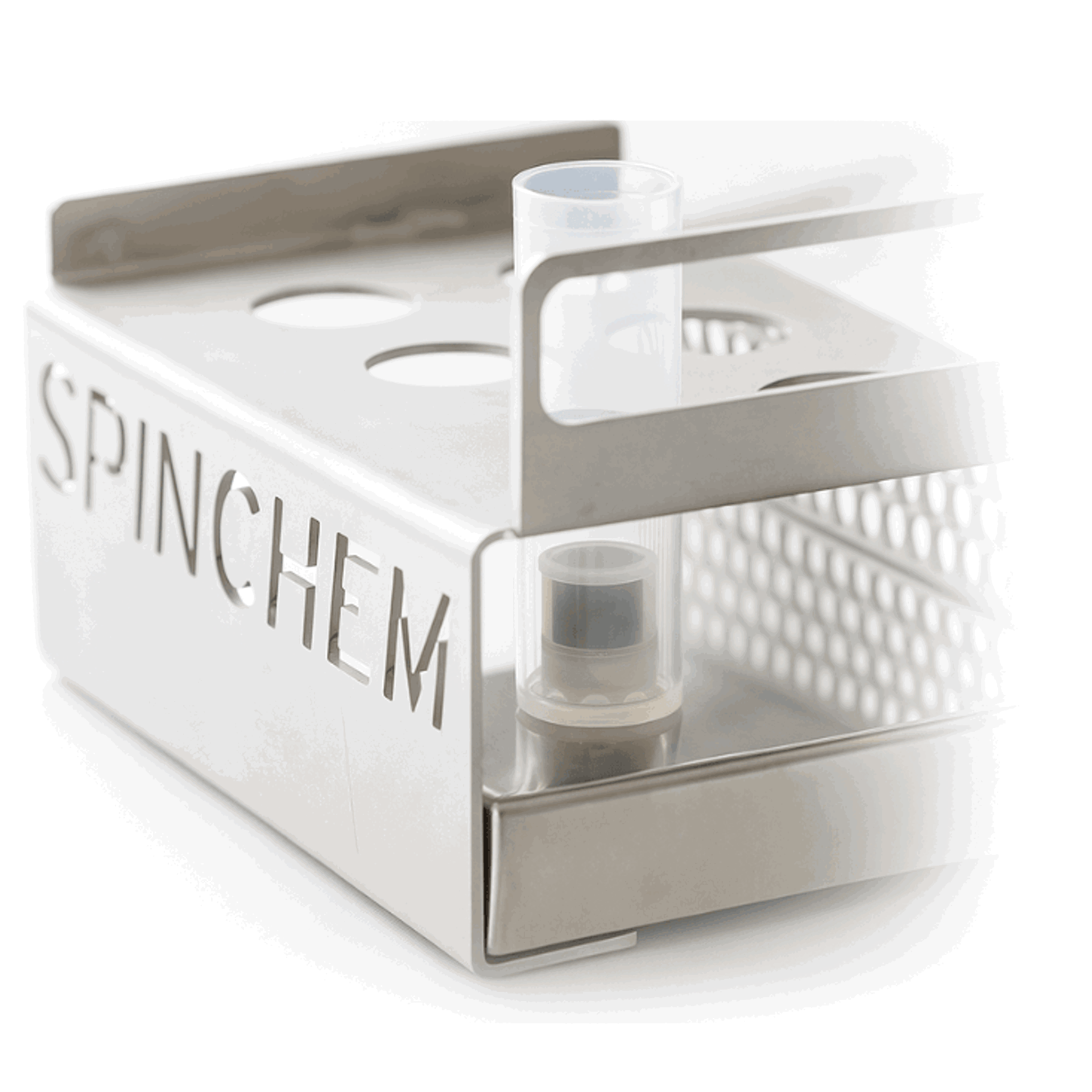 Miniature rotating bed reactor in a glass tube standing in a table rack for 6 positions