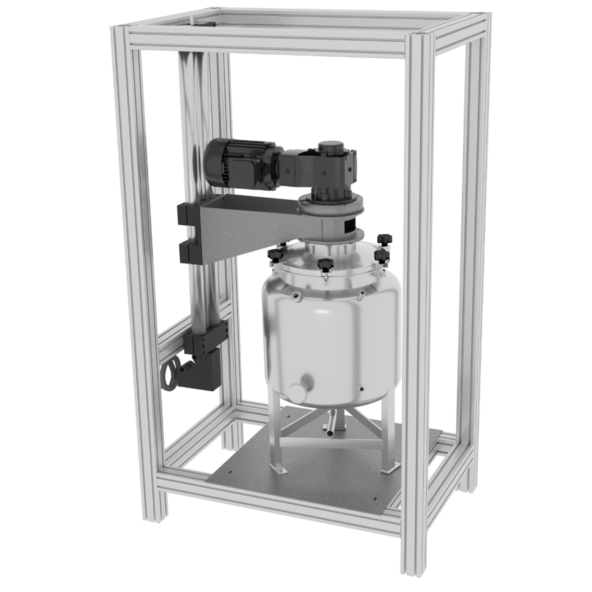 Large stainless steel reactor vessel mounted inside a rectangular metal frame with overhead motor assembly and support structure.