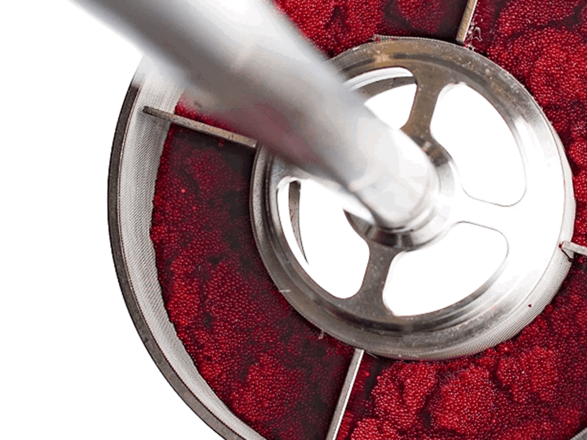 Close-up view of a SpinChem rotating bed reactor containing red ion exchange resin beads, with a metallic impeller visible in the cente