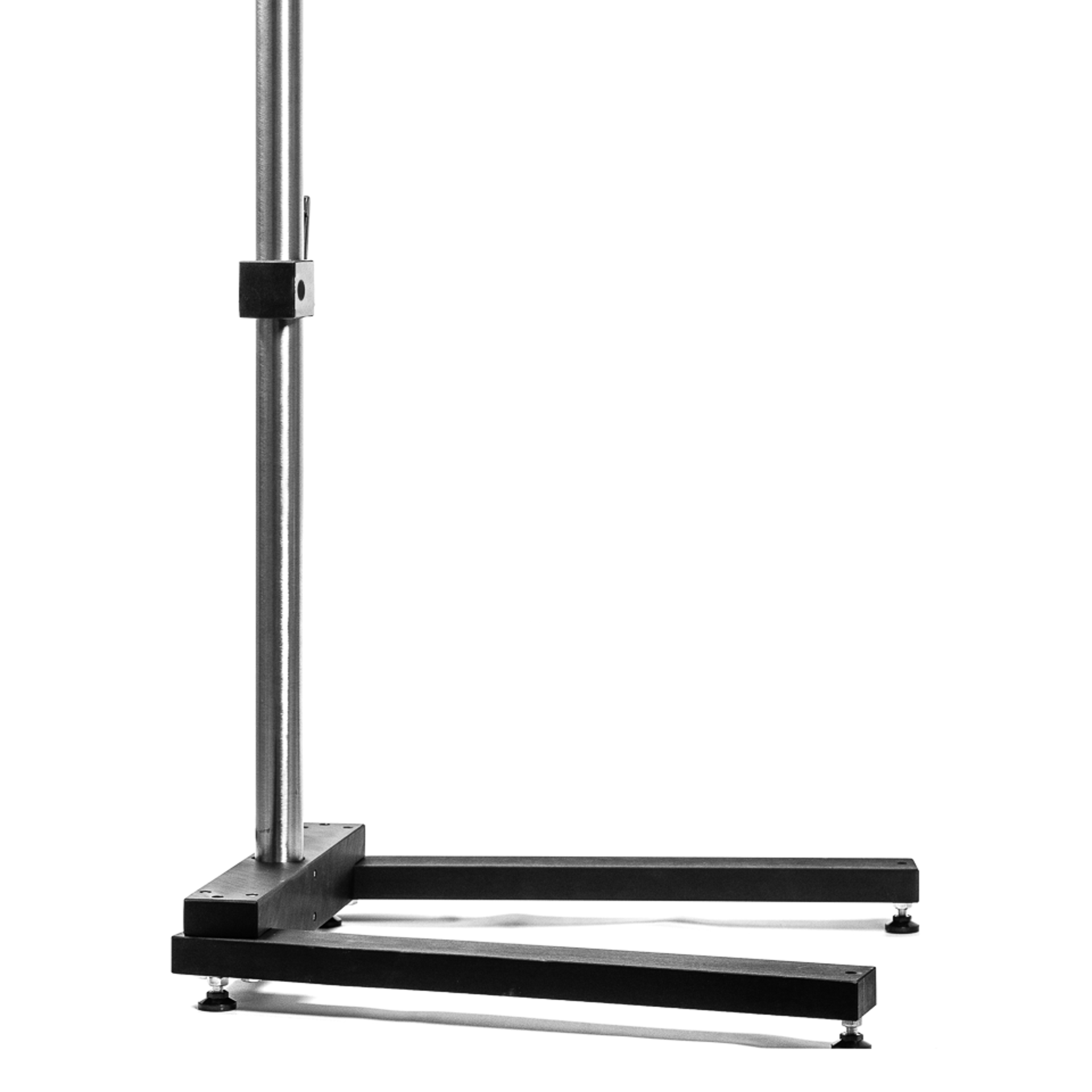 Black anodized aluminum laboratory stand featuring a vertical stainless steel support rod mounted on a sturdy H-shaped base with adjustable feet. The minimalist design includes a mounting block for attaching laboratory equipment.