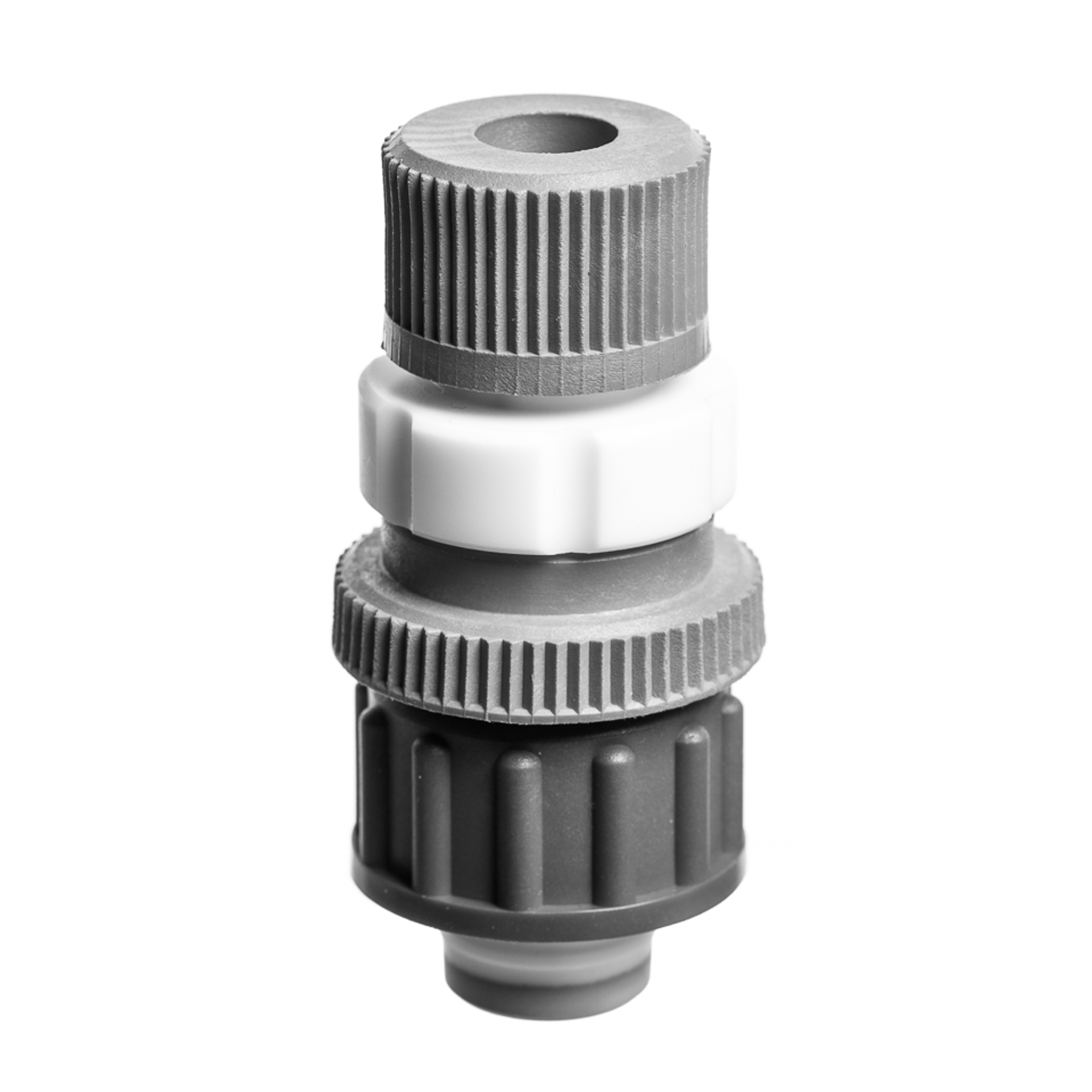 Close-up view of a SpinChem shaft guide B24 showing its multi-component design with grey ribbed adjustment rings, a white central PTFE bearing section, and precision-engineered shaft alignment mechanism, photographed against a white background in monochrome.