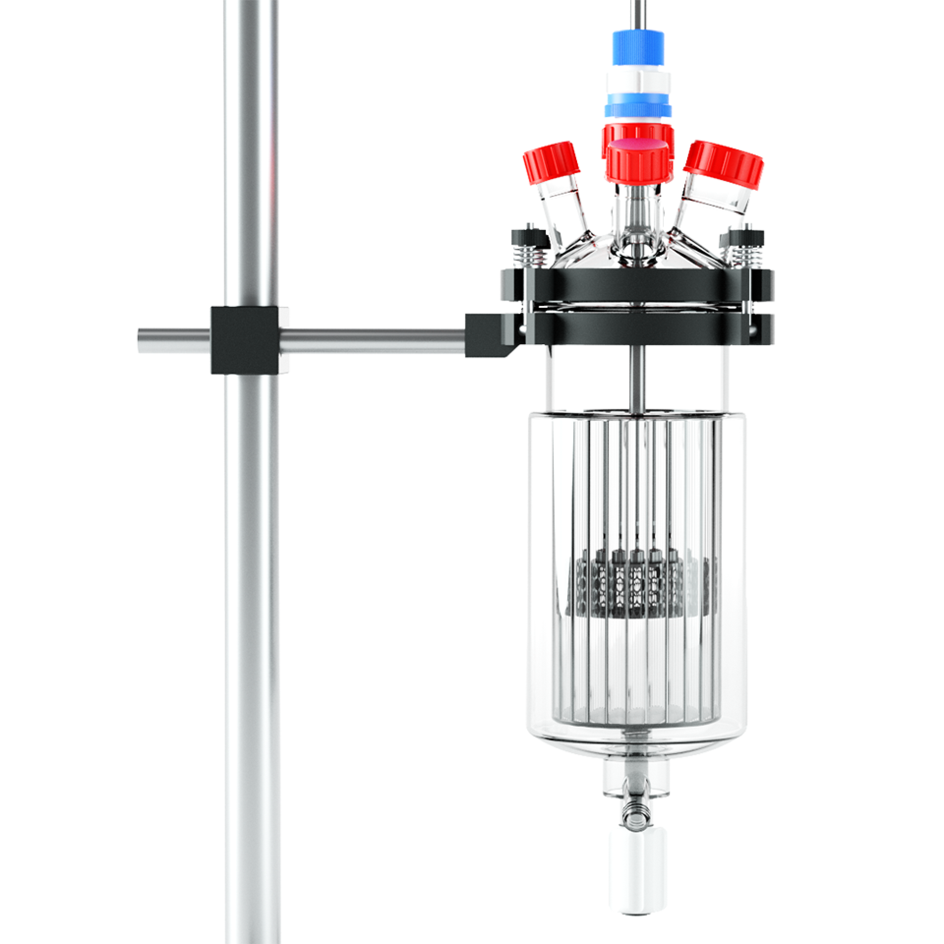 Professional laboratory setup featuring a SpinChem rotating bed reactor mounted on a vertical support stand, with a glass reaction vessel containing vertical baffles. The assembly includes red and blue connector caps, a black mounting bracket, and stainless steel components, demonstrating a complete system for heterogeneous chemical reactions.
