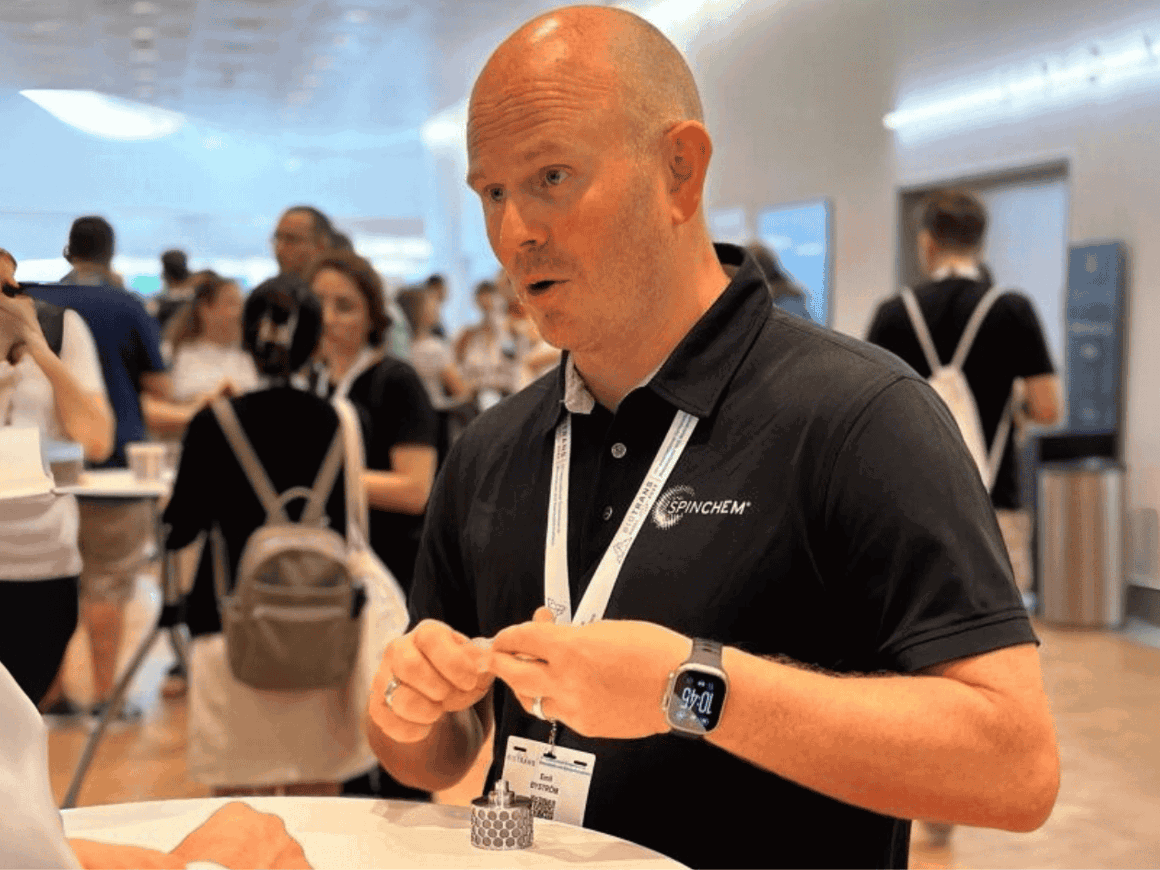 Emil Byström presenting rotating bed reactor S2 at Biotrans 2025 in Switzerland